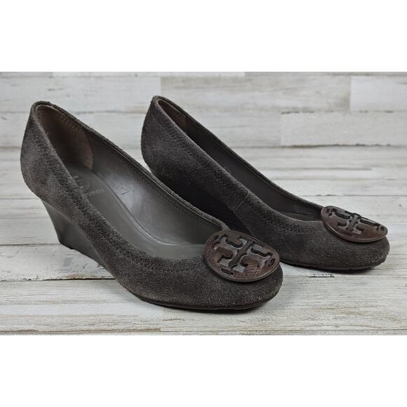 TORY BURCH Size 5M Gray Suede Wedge Slip-On Pump Heels - Picture 1 of 9